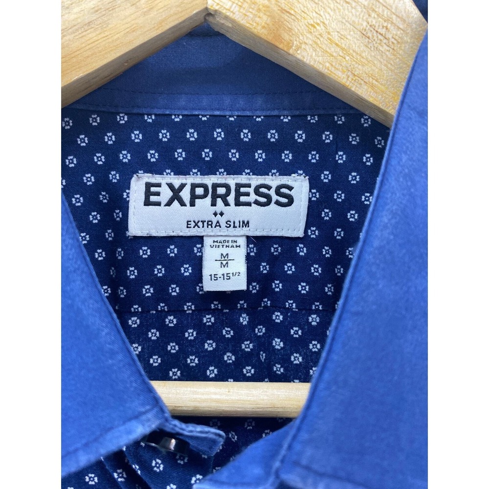 Express Extra Slim Fit Mens Blue Geometric‎ Print Long Sleeve Button Up Shirt M